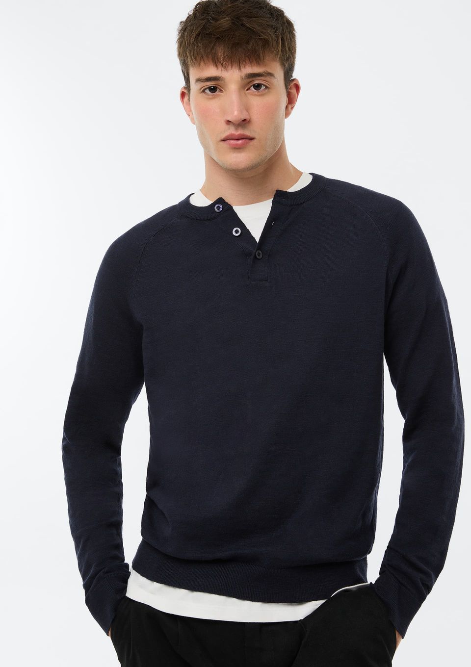 Camiseta Masculina Henley em Tricô - Azul