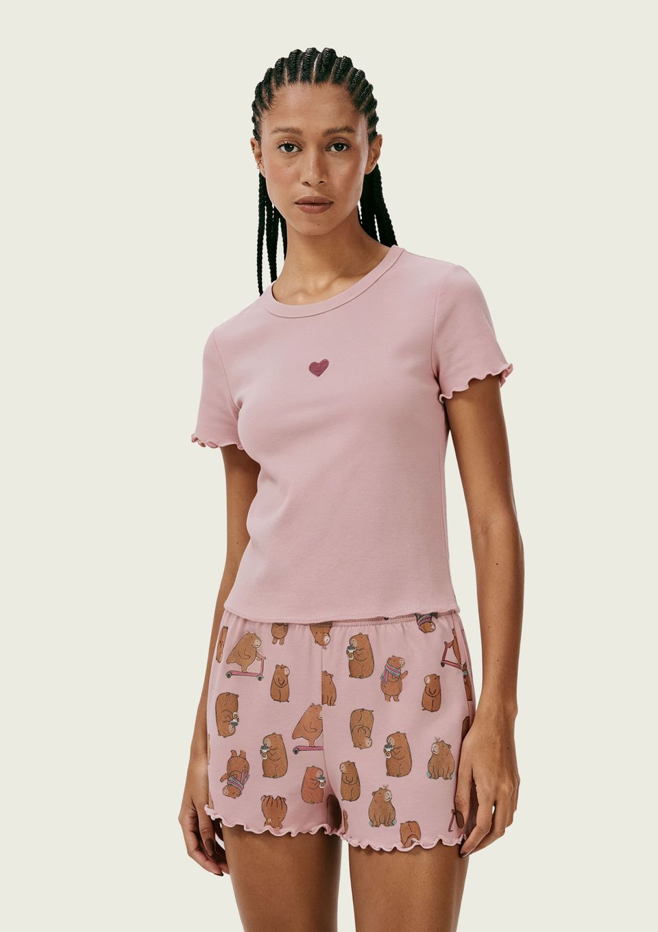 Pijama Curto Feminino Estampado com Frufru - Rosa