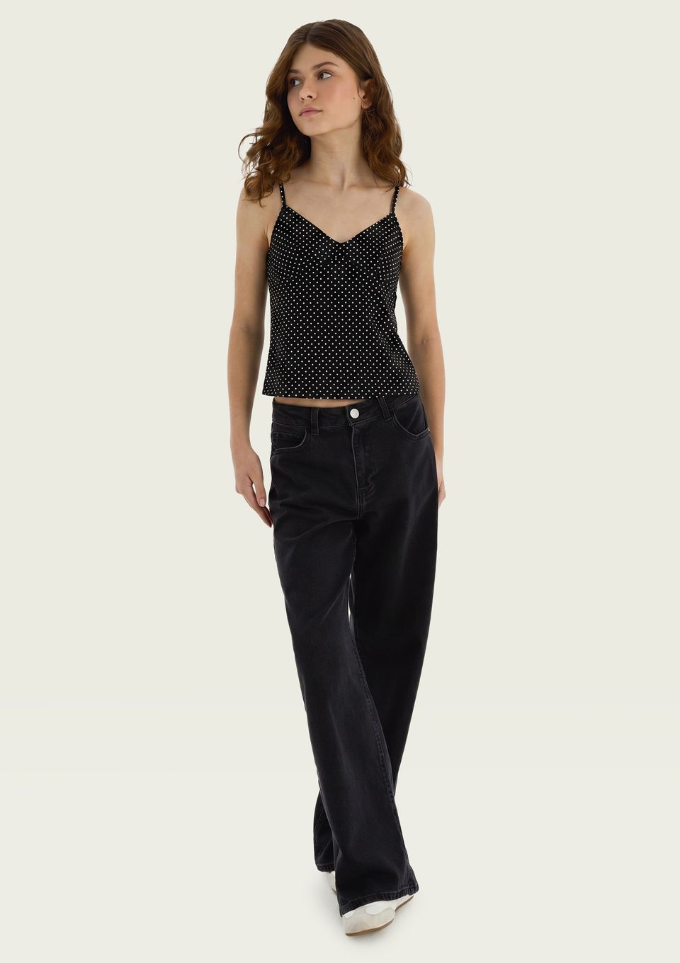 Regata Teen Alças Finas Estampada Decote V - Preto