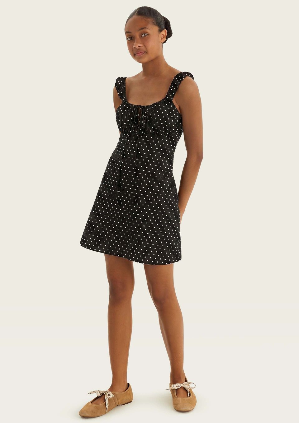 Vestido Teen Alças Médias com Franzido - Preto