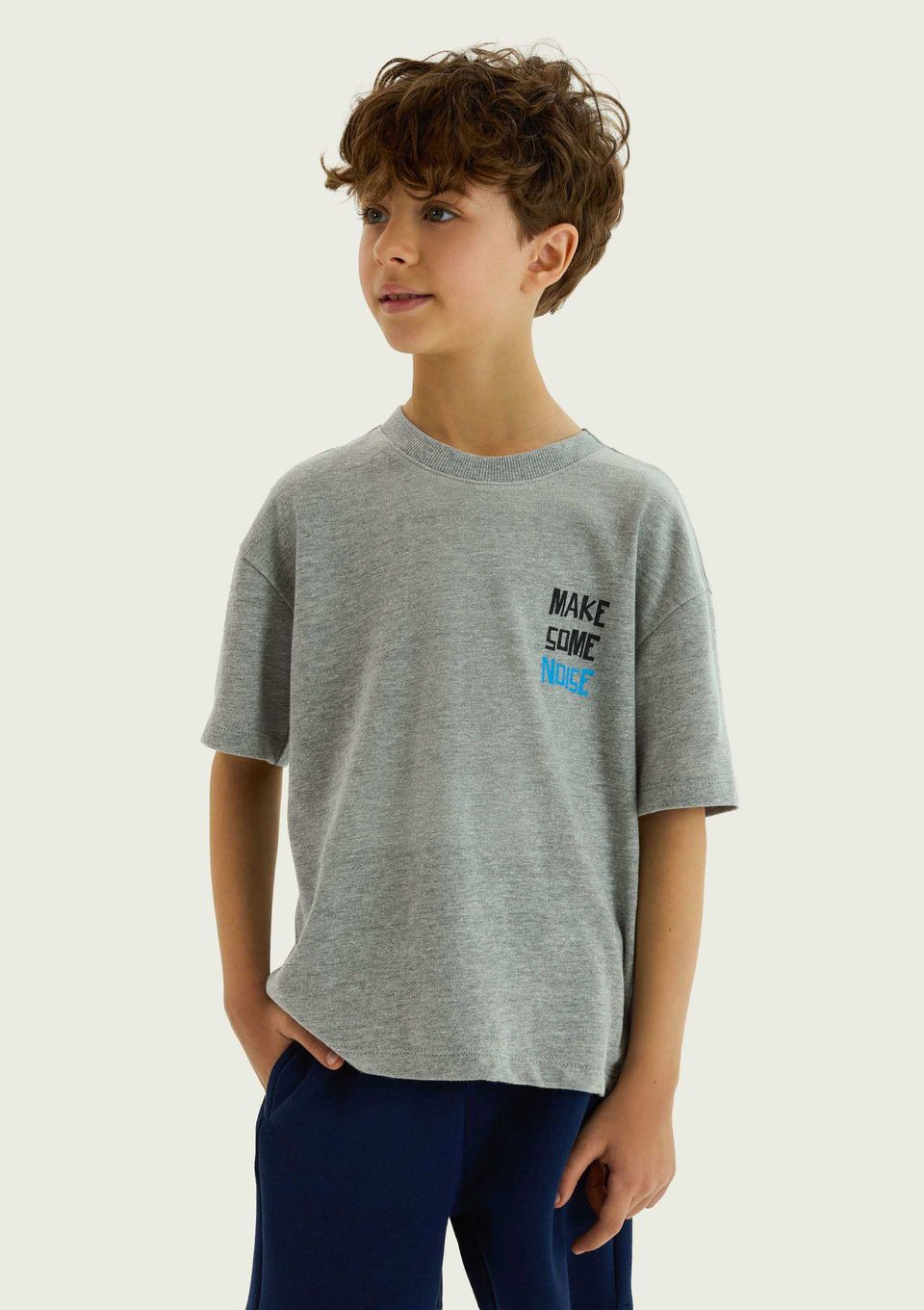 Camiseta Infantil Menino Manga Curta com Estampa - Cinza