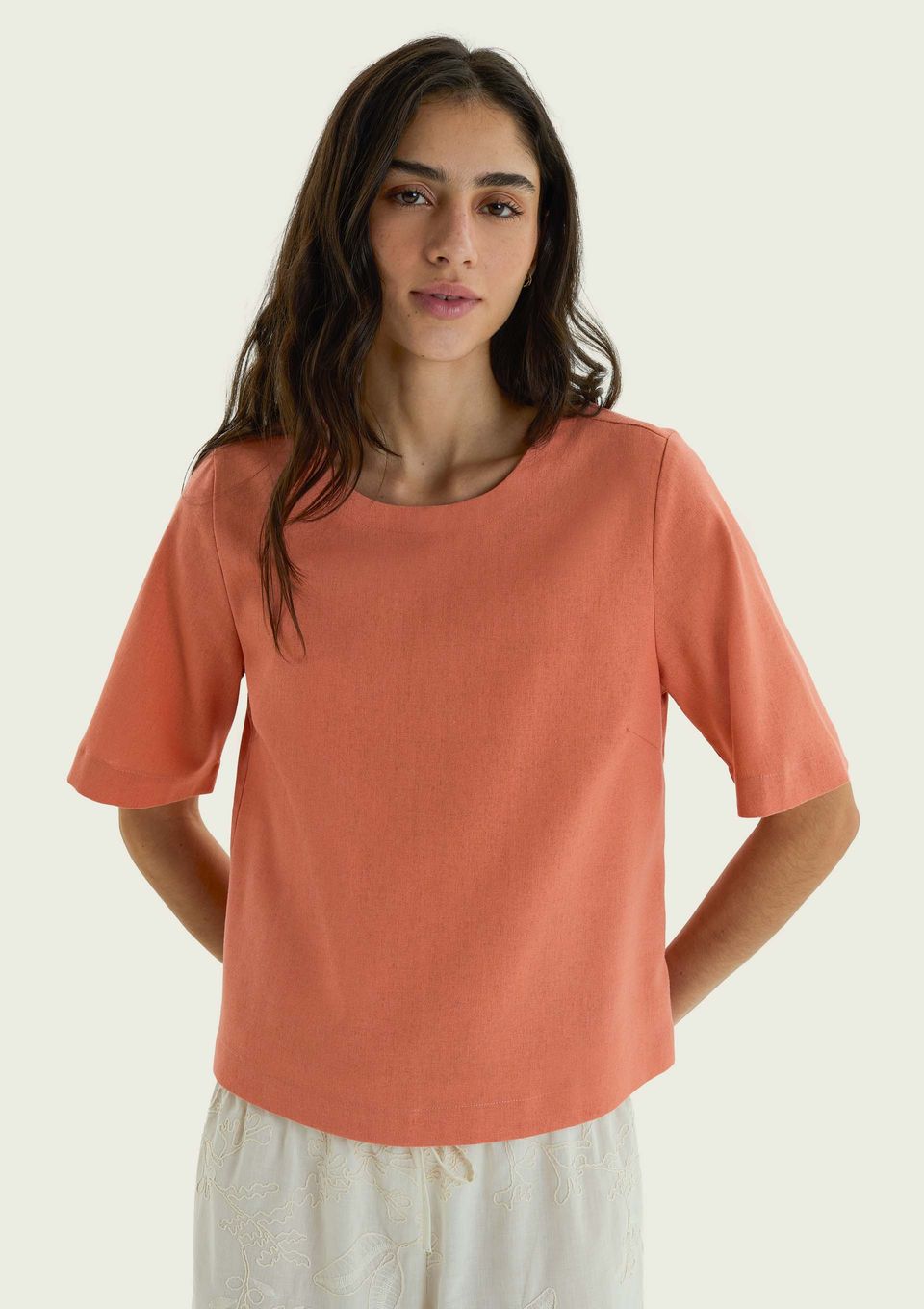 Blusa Feminina Manga Média com Linho - Laranja