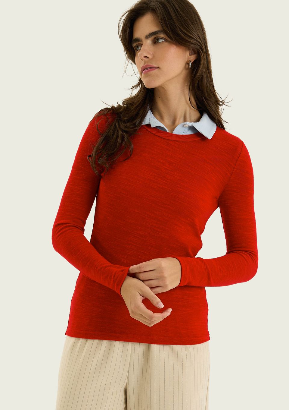 Blusa Feminina Manga Longa em Tricô Super Leve - Vermelho