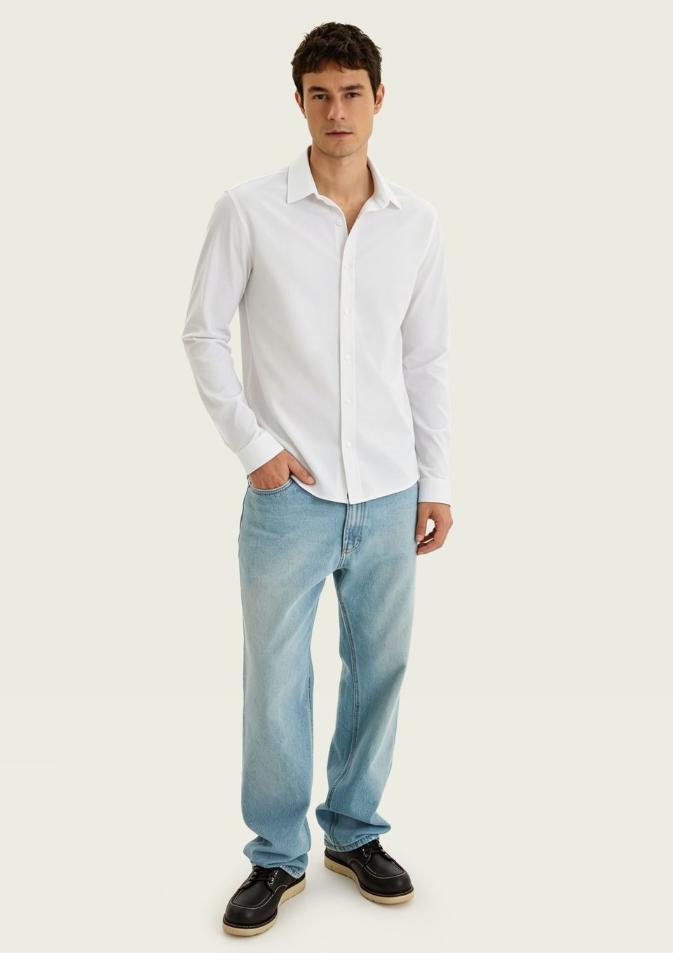Camisa Masculina Manga Longa em Piquet - Off White