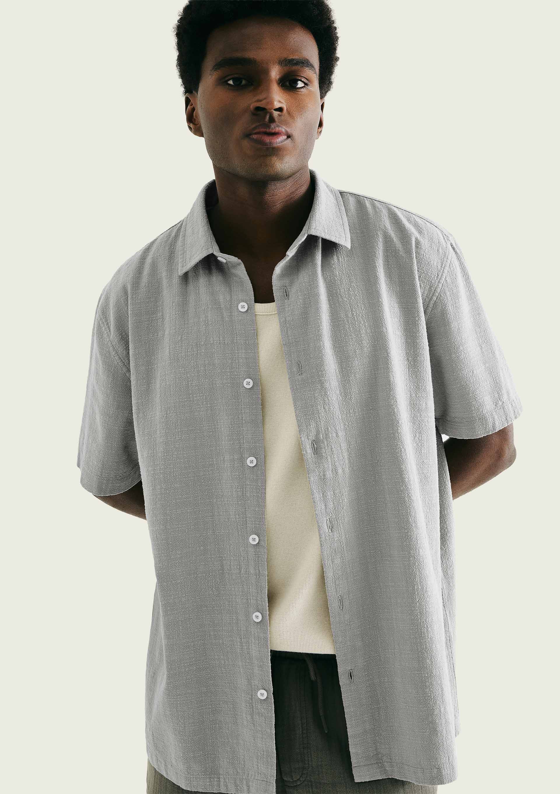 Camisa Masculina Manga Curta Com Linho - Cinza
