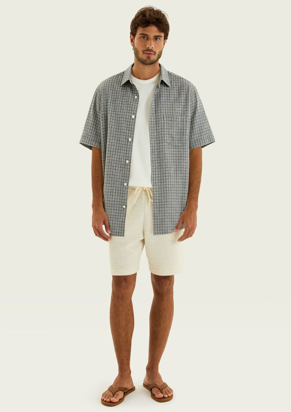 Camisa Masculina Manga Curta Fio Tinto Listrada em Linho - Cinza