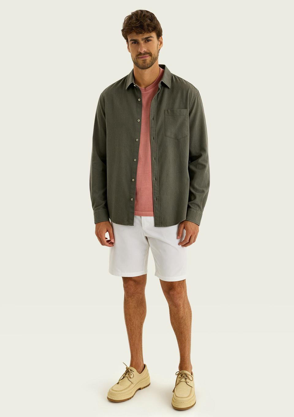 Camisa Básica Masculina Manga Longa Slim em Linho - Verde