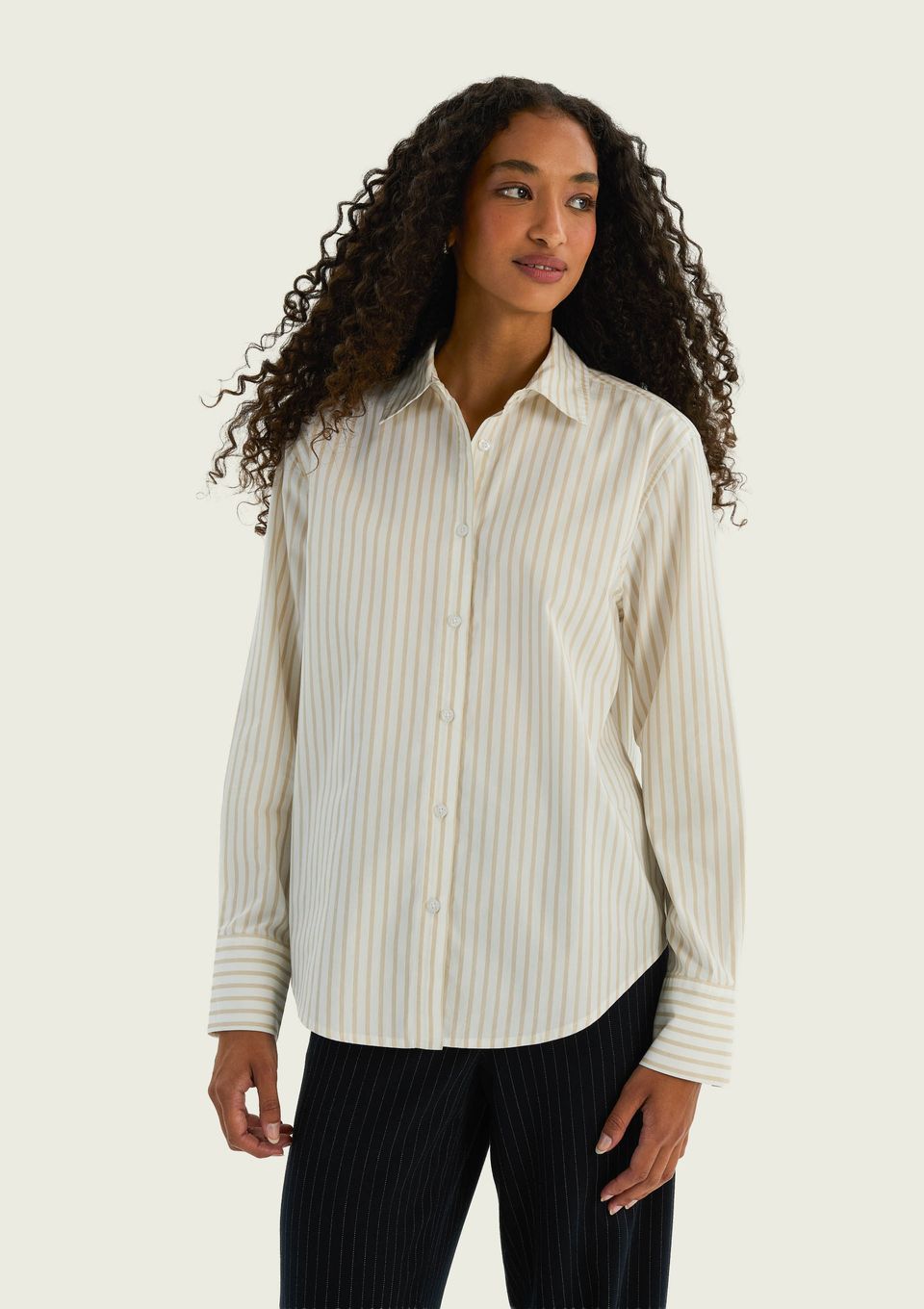 Camisa Feminina Manga Longa Slim Listrada - Bege