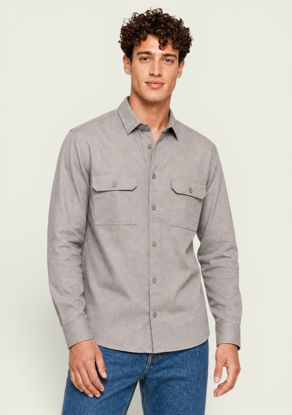 Camisa Masculina Manga Longa Texturizada com Bolso - Cinza