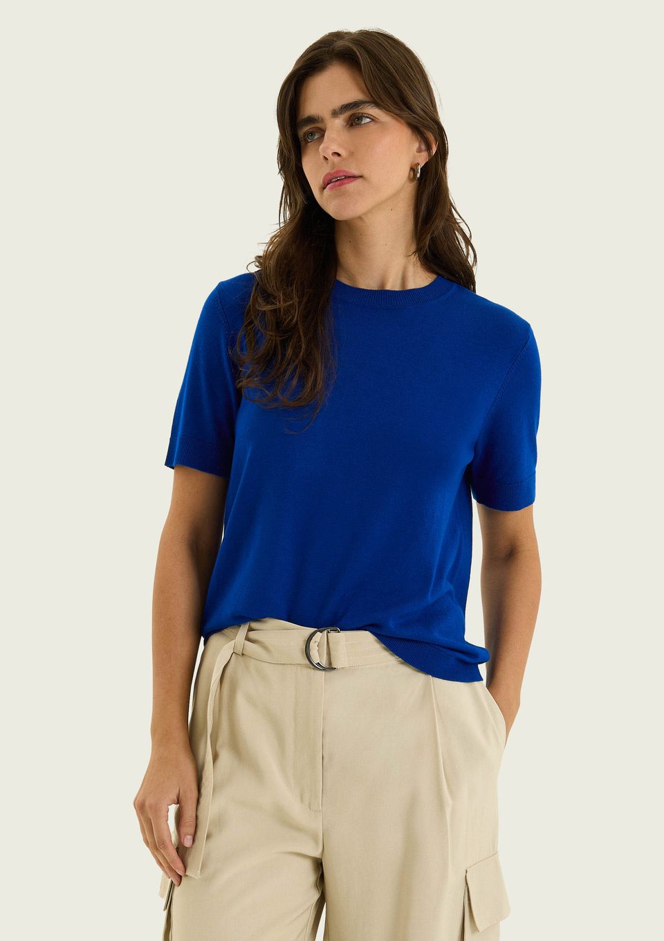 Blusa Feminina Manga Curta em Tricô Leve - Azul