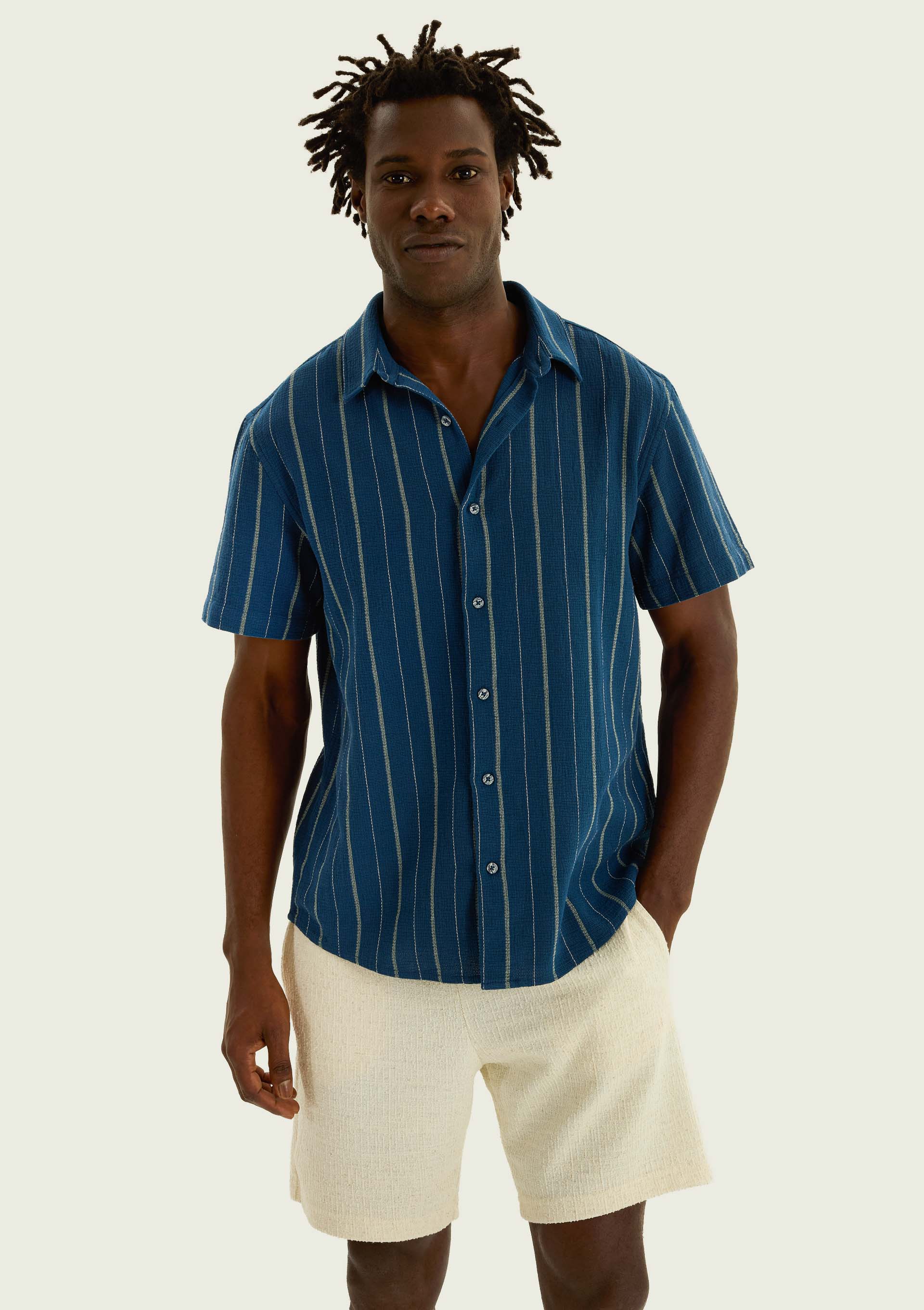 Camisa Masculina Manga Curta Comfort Listrada - Azul — Hering