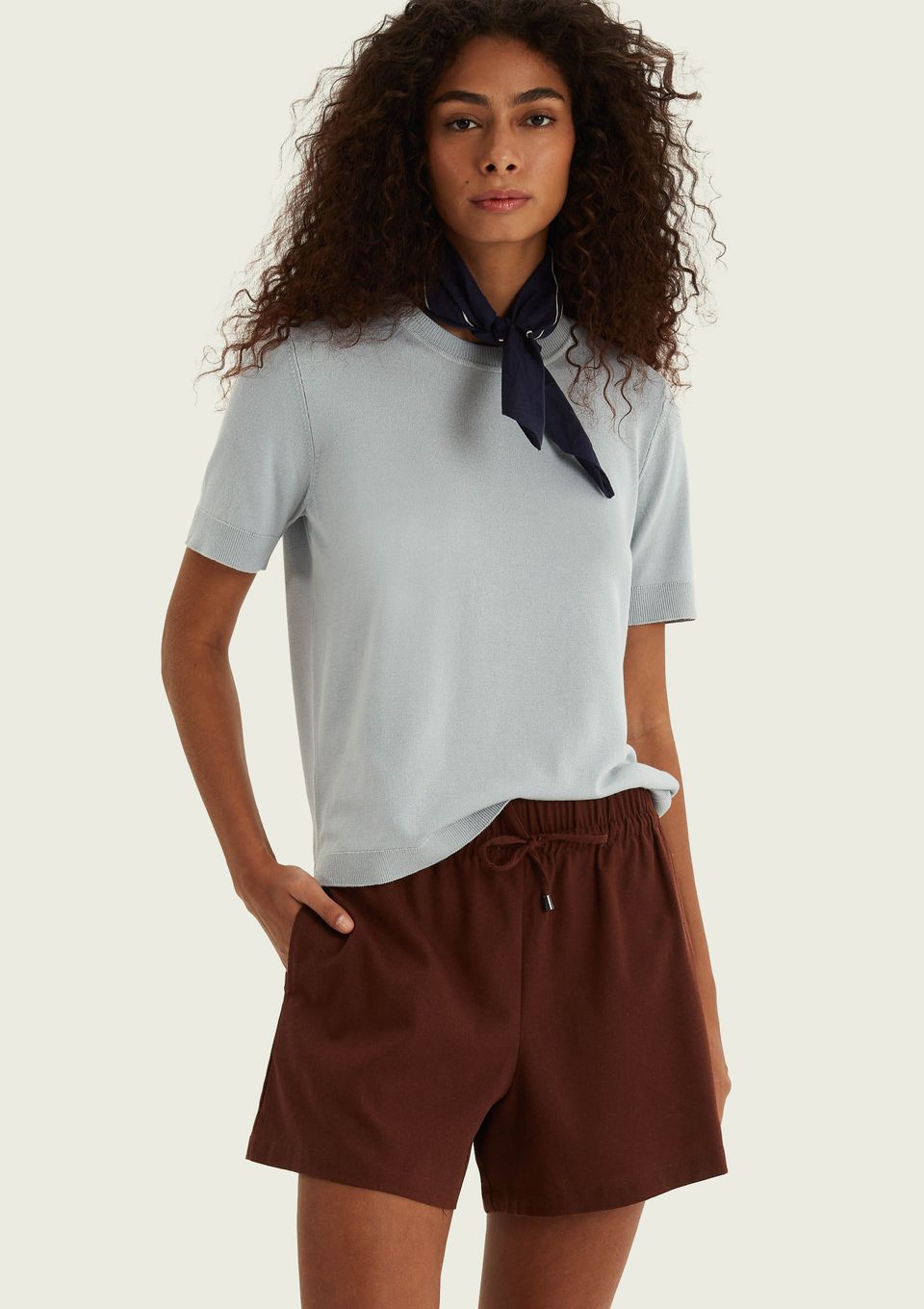 Blusa Feminina Manga Curta em Tricô Leve - Azul