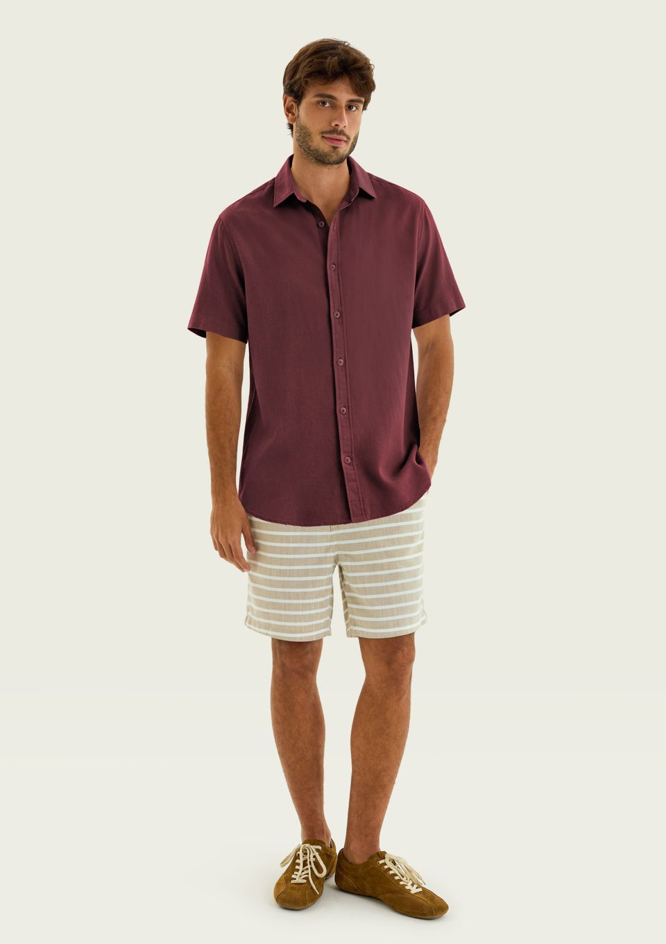 Camisa Masculina Manga Curta com Linho - Vinho