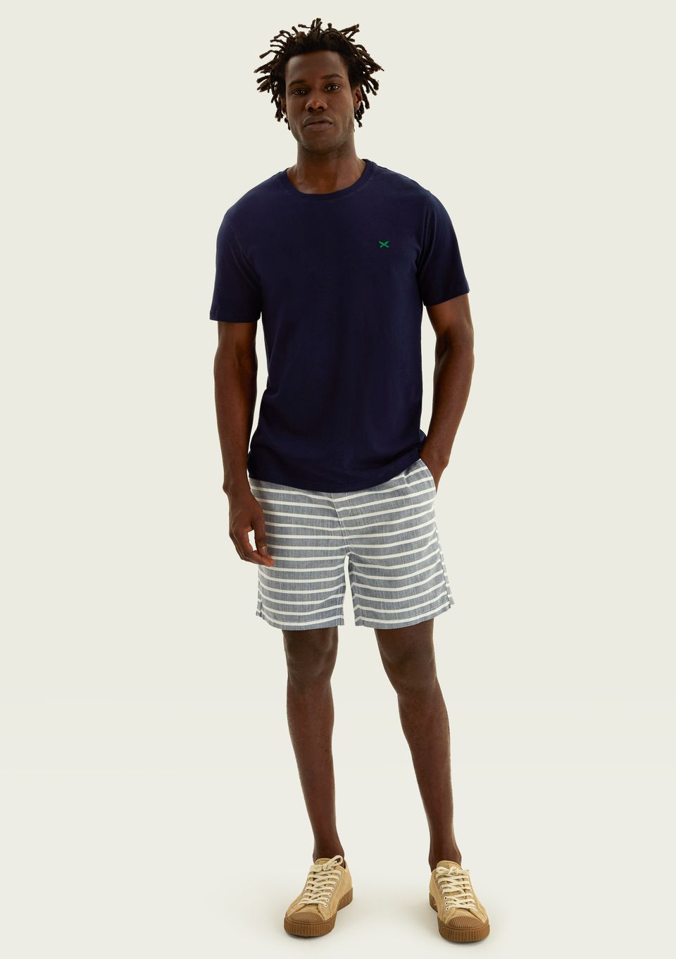 Bermuda Masculina Reta Fio Tinto Listrada - Azul