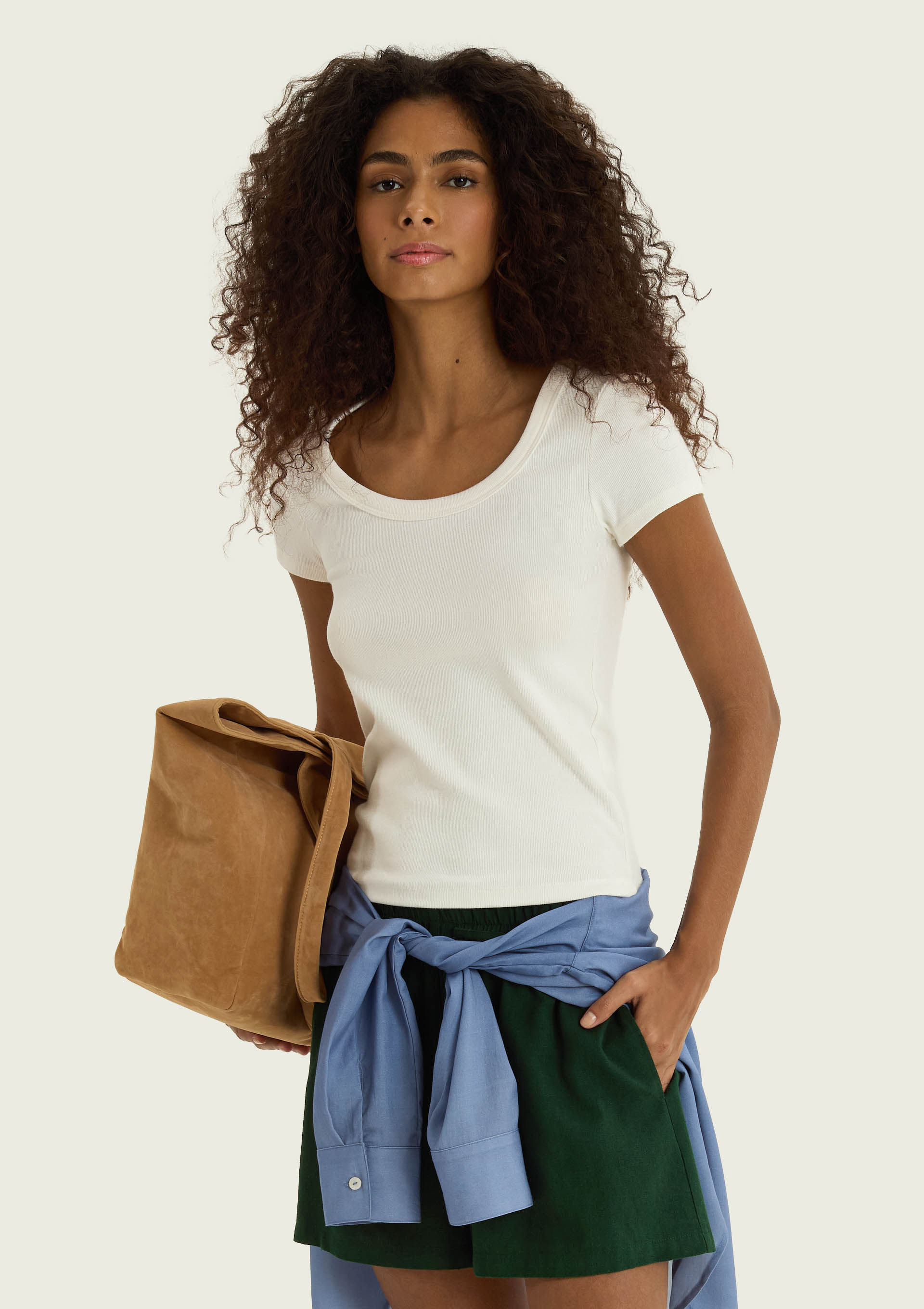 Camiseta Feminina Slim Decote U Em Ribana - Off white