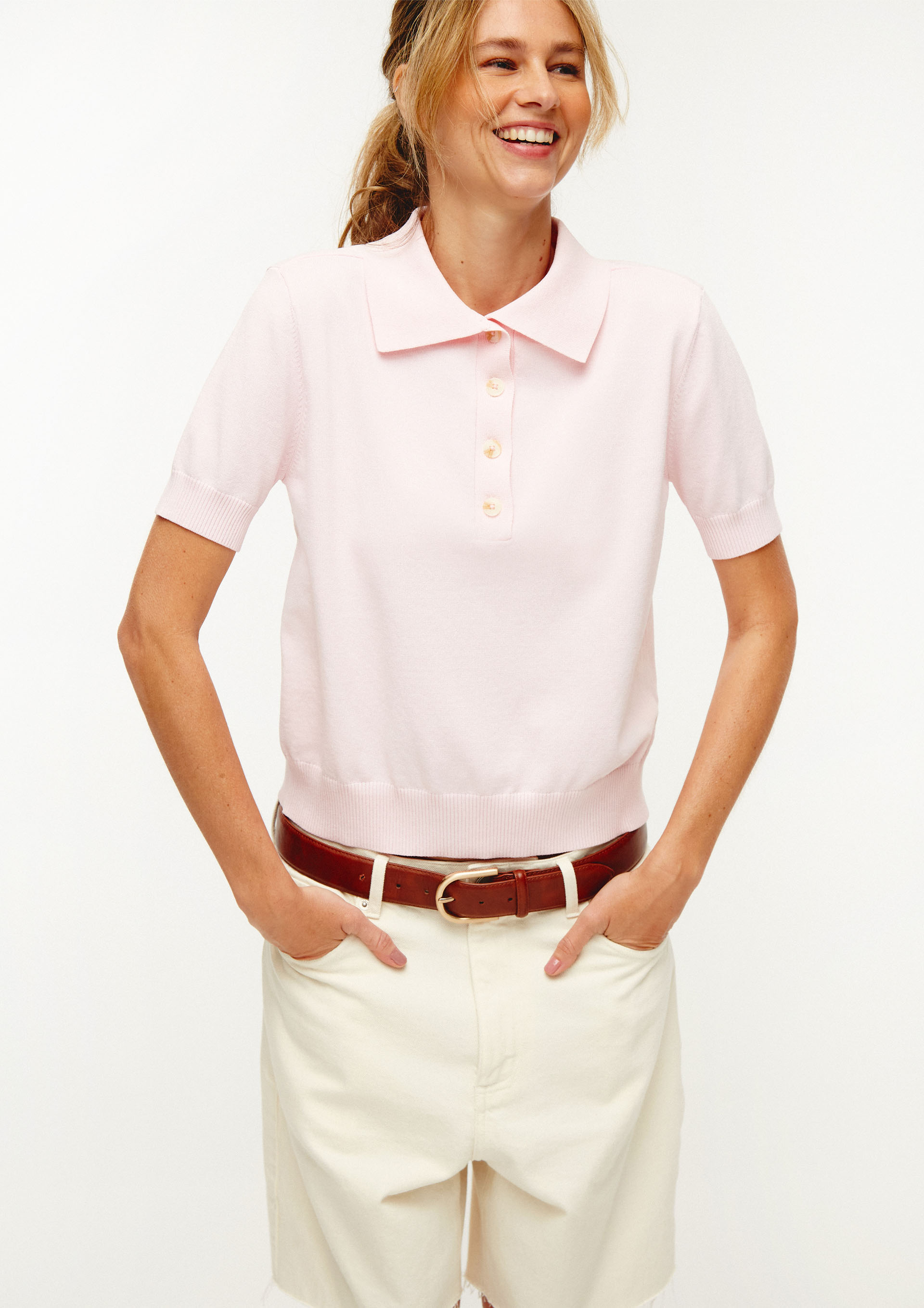 Polo Feminina Manga Curta Em Tricô Leve - Rosa