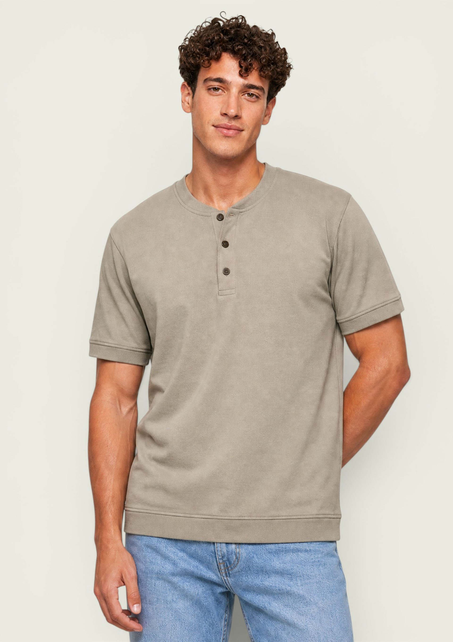 Camiseta Masculina Henley em Tricô Flamê - Bege — Hering