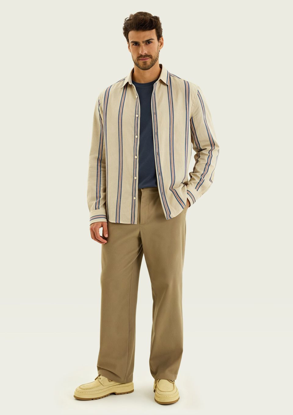 Camisa Masculina Manga Longa Listrada em Linho - Off White
