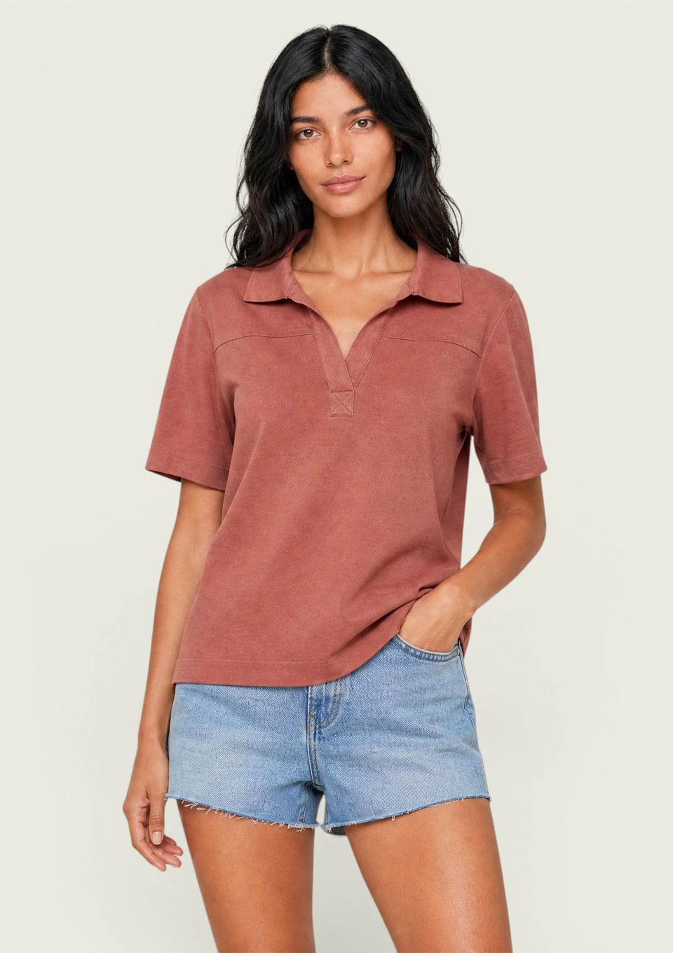 Polo Feminina Manga Curta Oversized em Viscolinho - Rosa