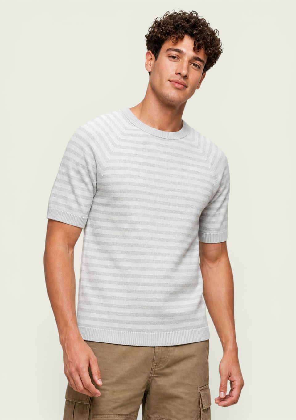 Camiseta Masculina Manga Curta em Tricô Listrado - Off White