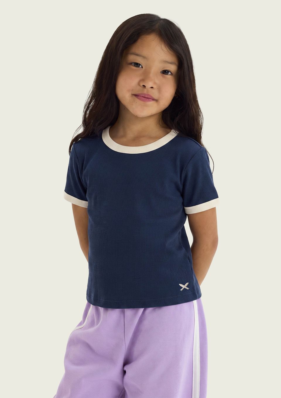 Blusa Infantil Menina Manga Curta em Ribana Canelada - Azul
