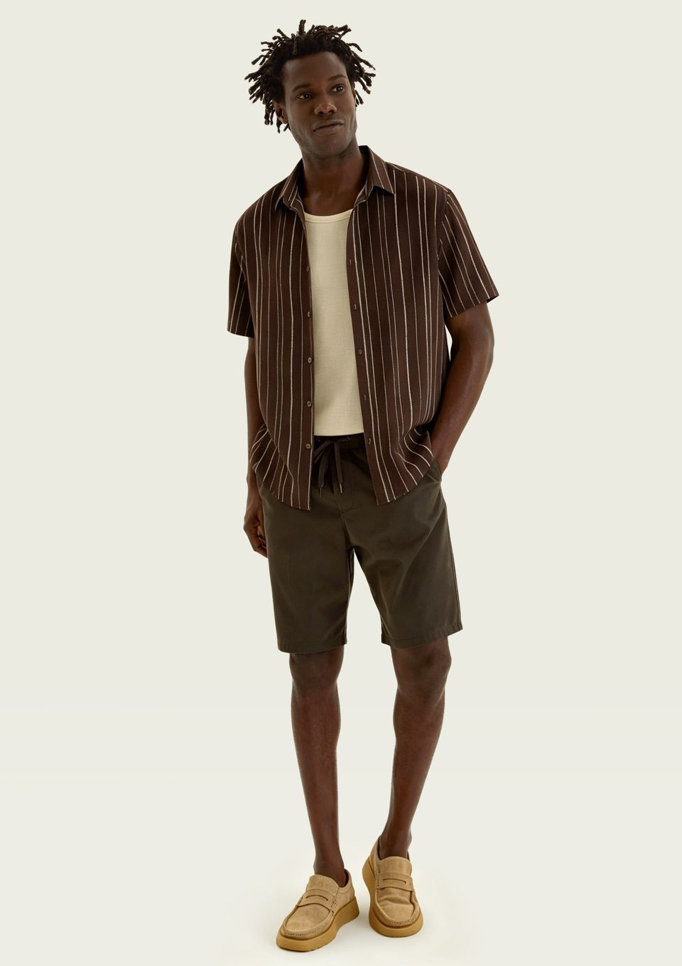 Camisa Masculina Manga Curta Fio Tinto Listrada em Linho - Marrom