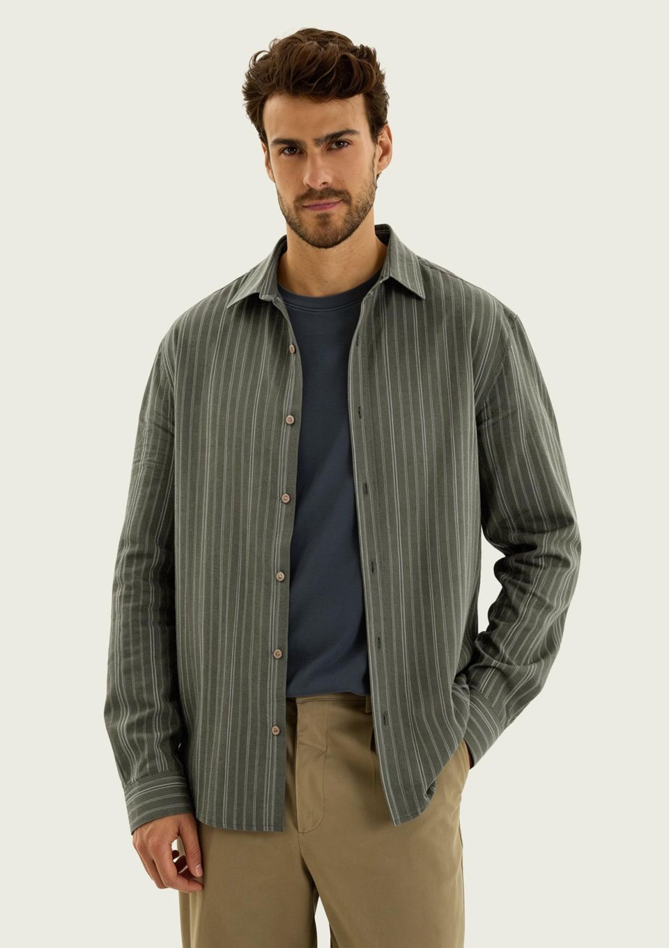 Camisa Masculina Manga Longa Listrada em Linho - Verde