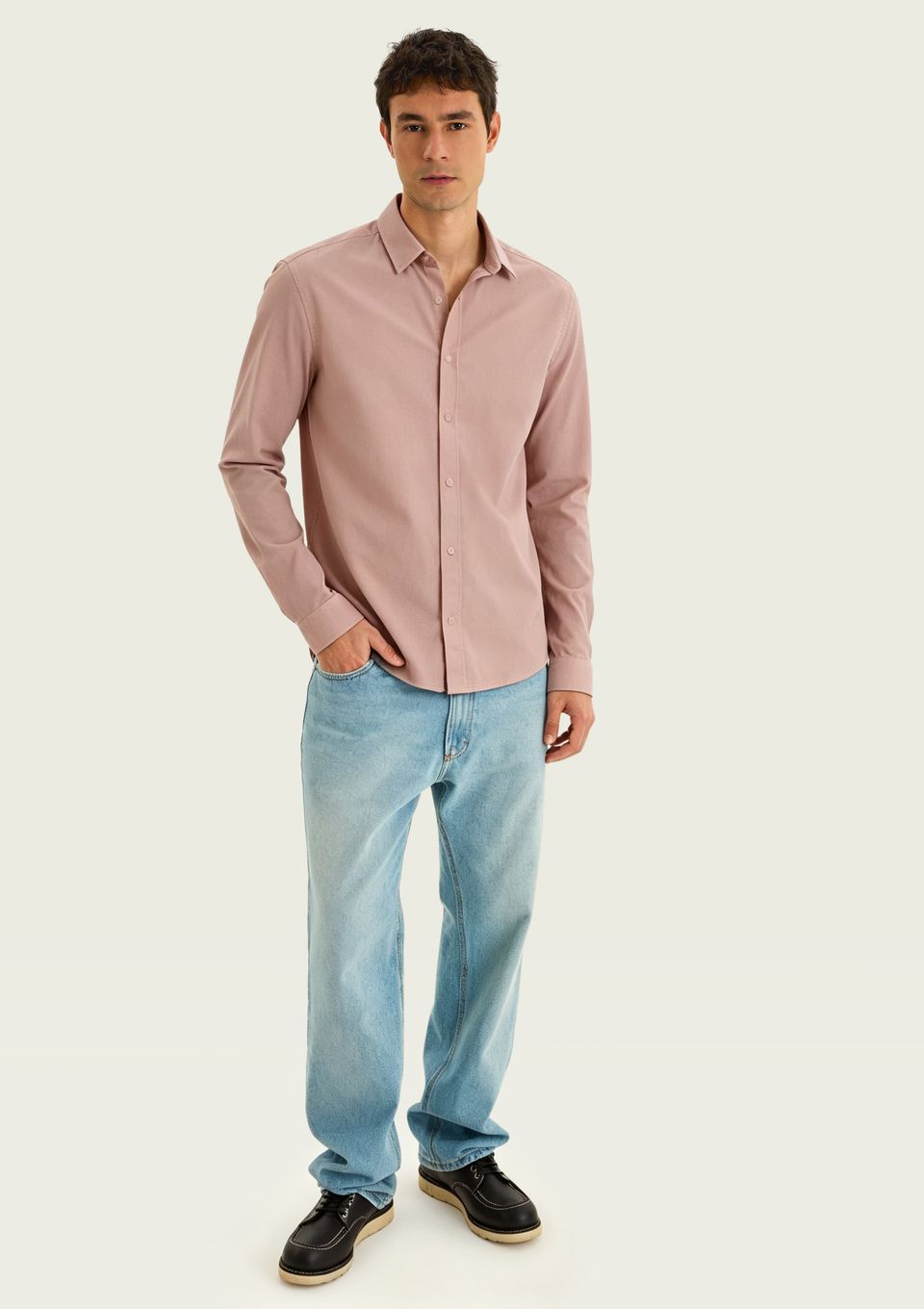 Camisa Masculina Manga Longa em Piquet - Rosa