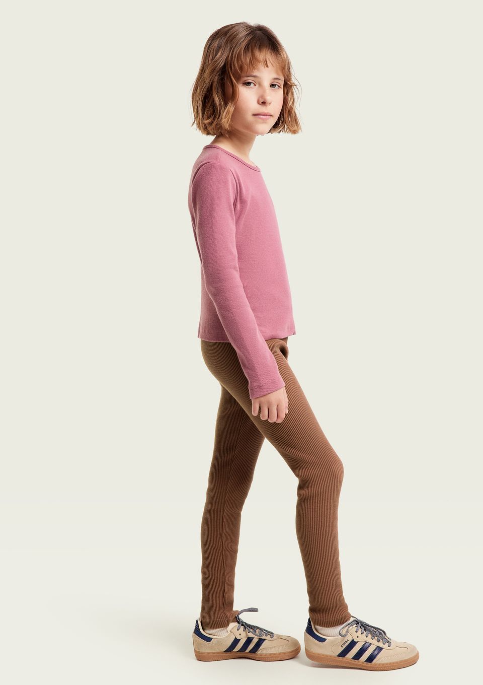 Calça Legging Infantil Menina em Ribana Canelada - Marrom