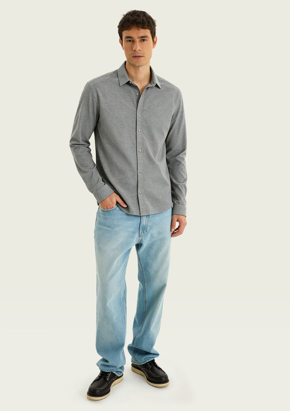 Camisa Masculina Manga Longa em Piquet - Cinza
