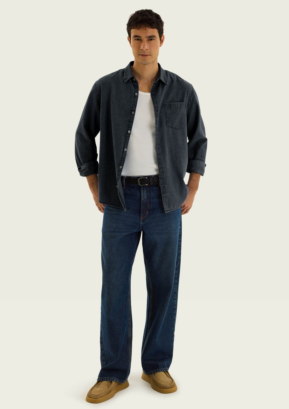 Camisa Jeans Masculina Manga Longa - Azul