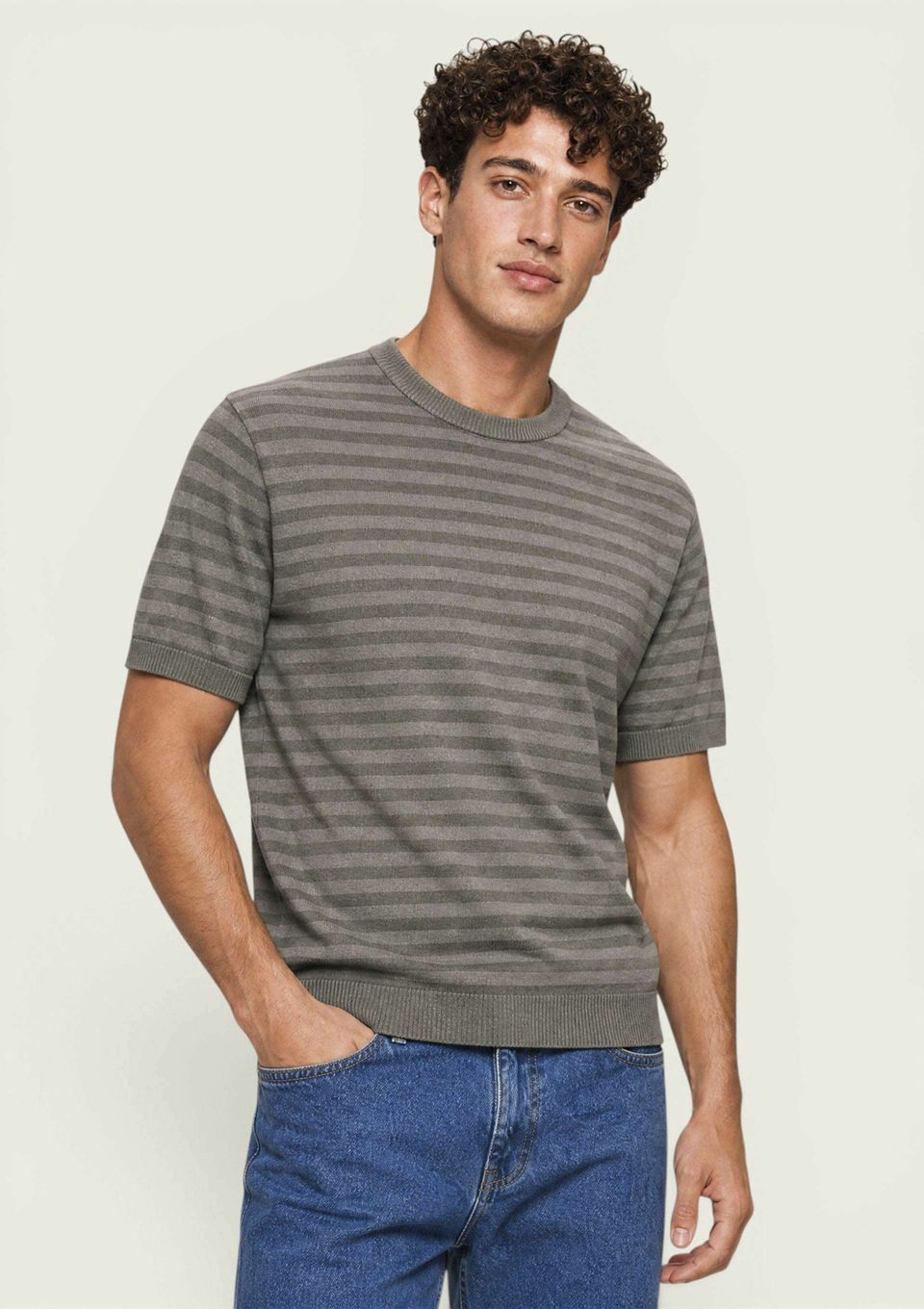 Camiseta Masculina Manga Curta em Tricô Listrado - Verde