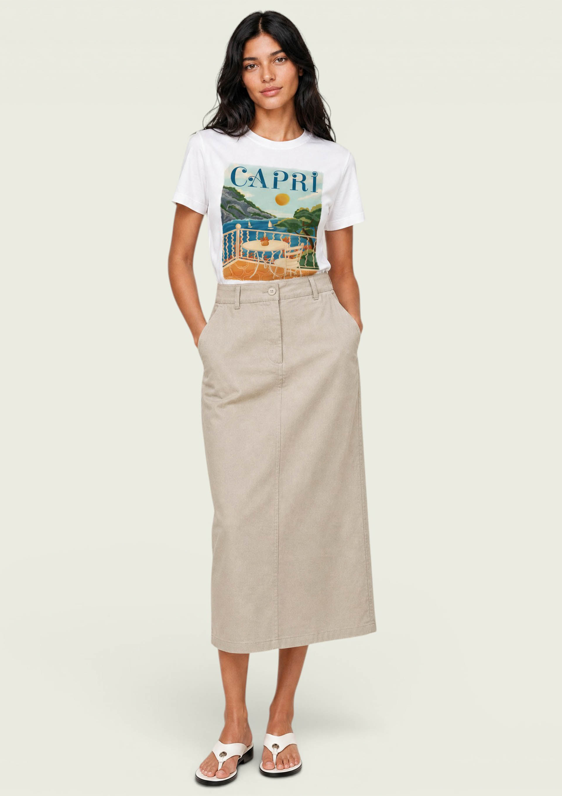 Saia Midi Reta Em Viscose - Bege