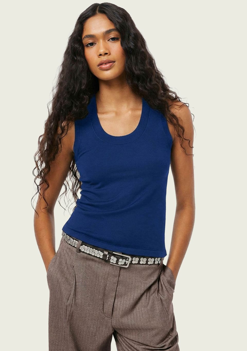 Regata Feminina Slim Decote U em Tricô de Viscose - Azul