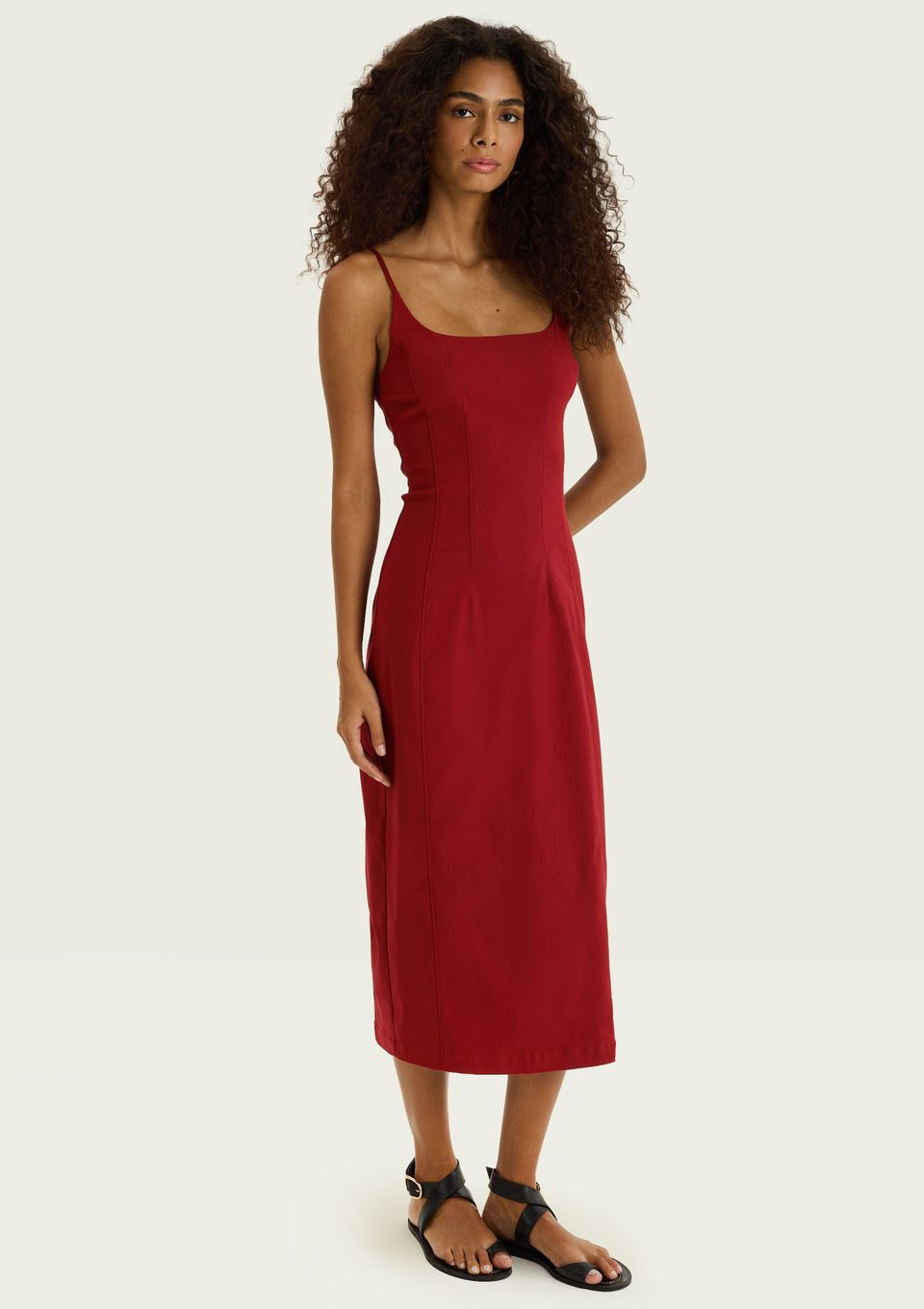 Vestido Midi Alfaiatado Alças Finas - Vermelho