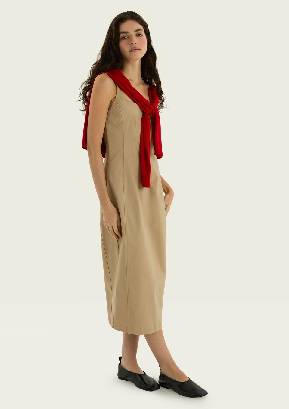 Vestido Midi Alfaiatado Alças Finas - Bege