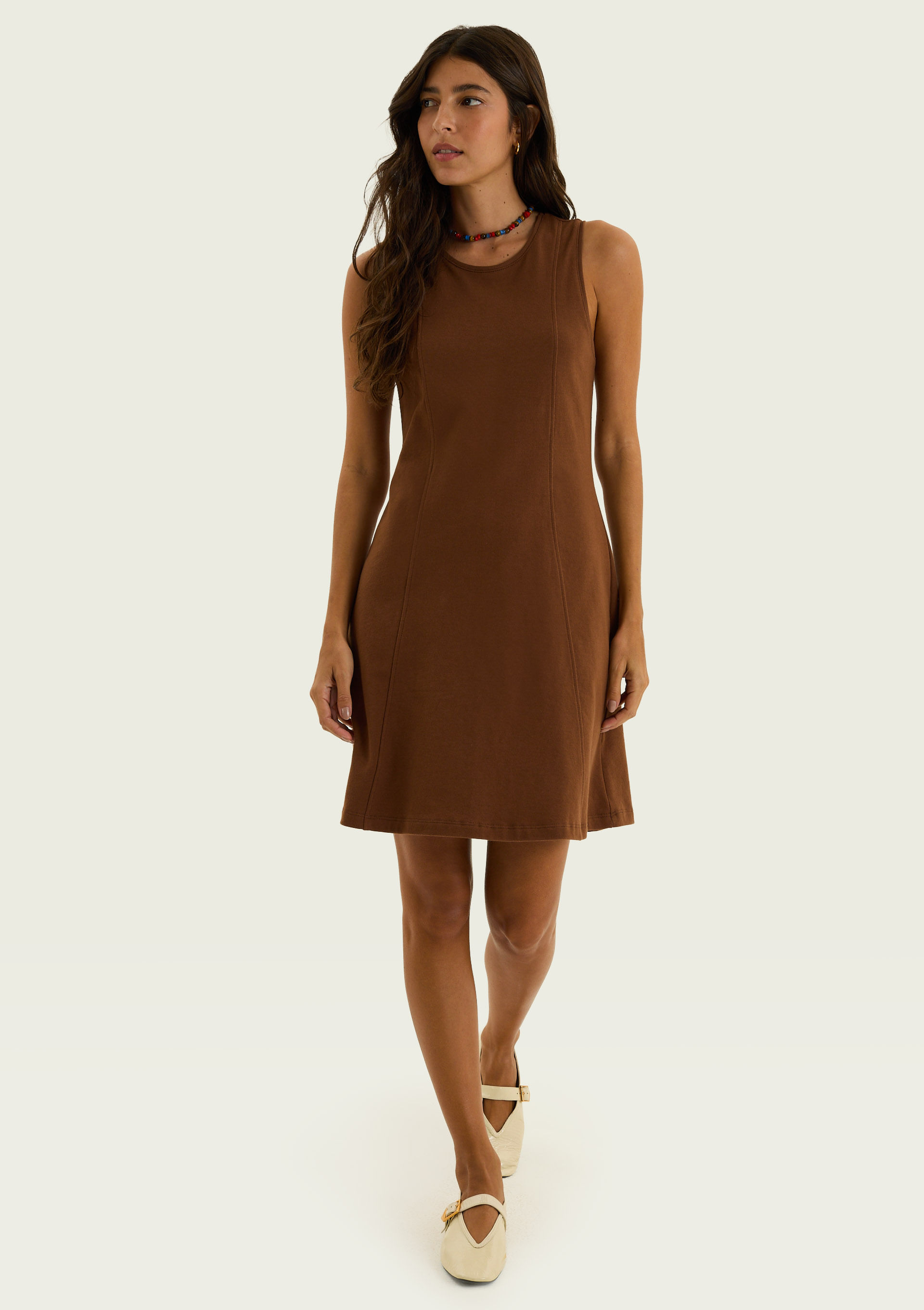 Vestido Curto Evasê Em Malha Binada - Marrom