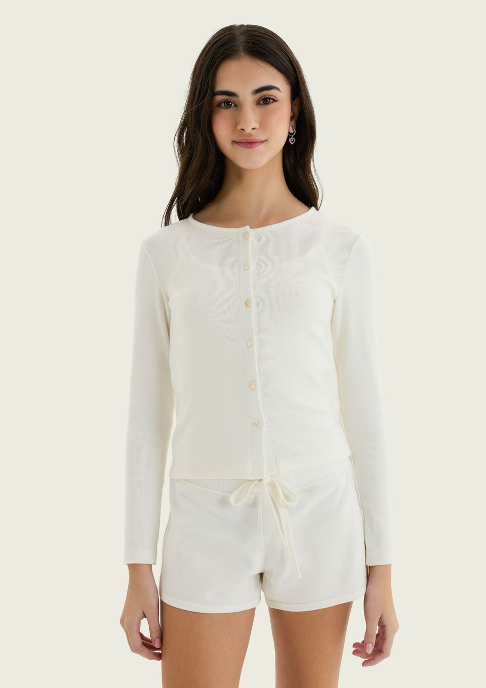 Cardigan Teen em Ribana com Botões - Off White