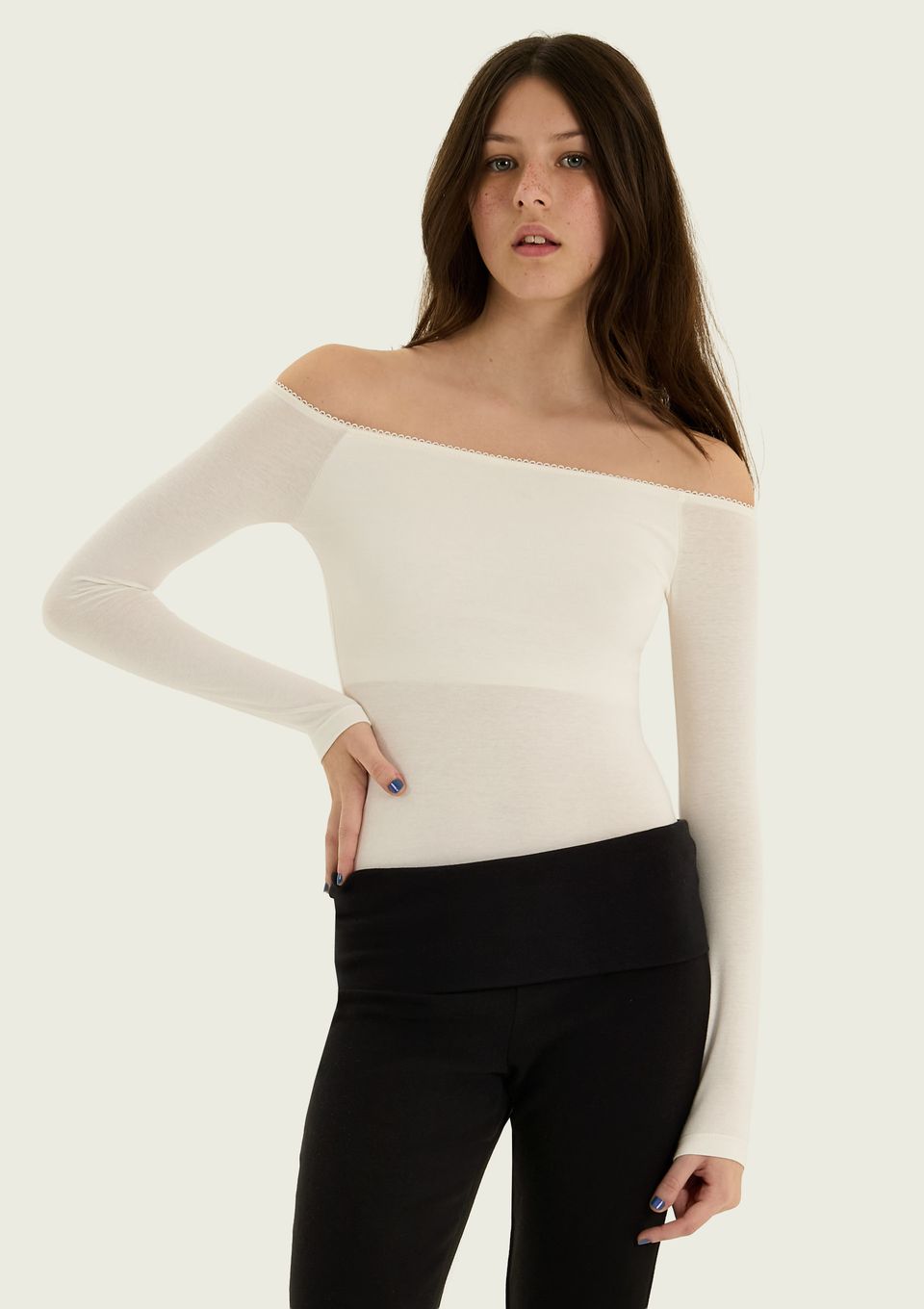 Blusa Teen Manga Longa Ombro A Ombro - Off White