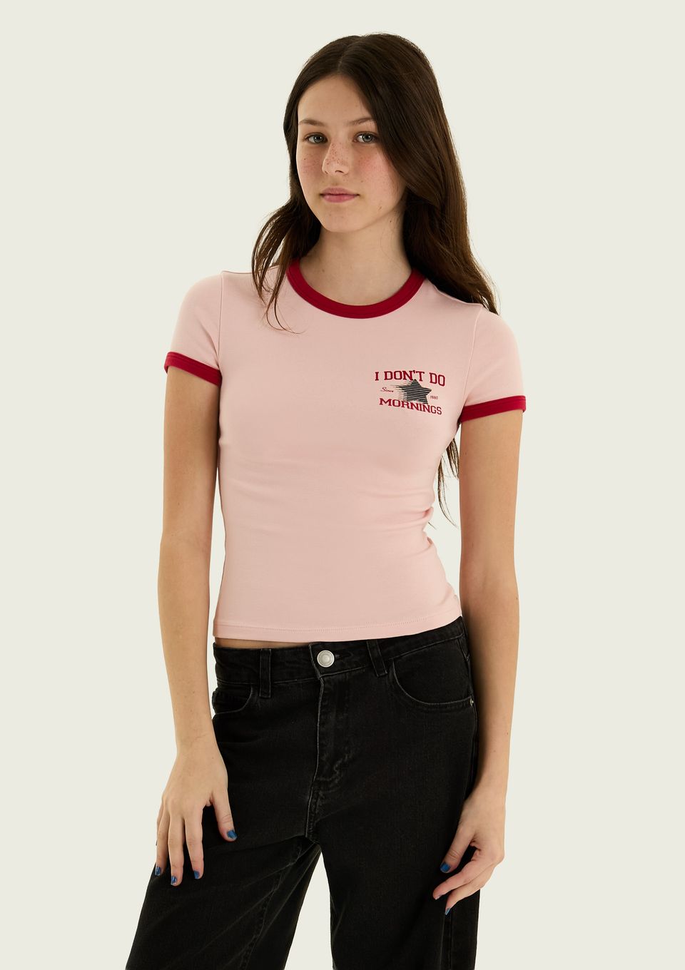 Camiseta Teen com Estampa e Friso Contrastante - Rosa