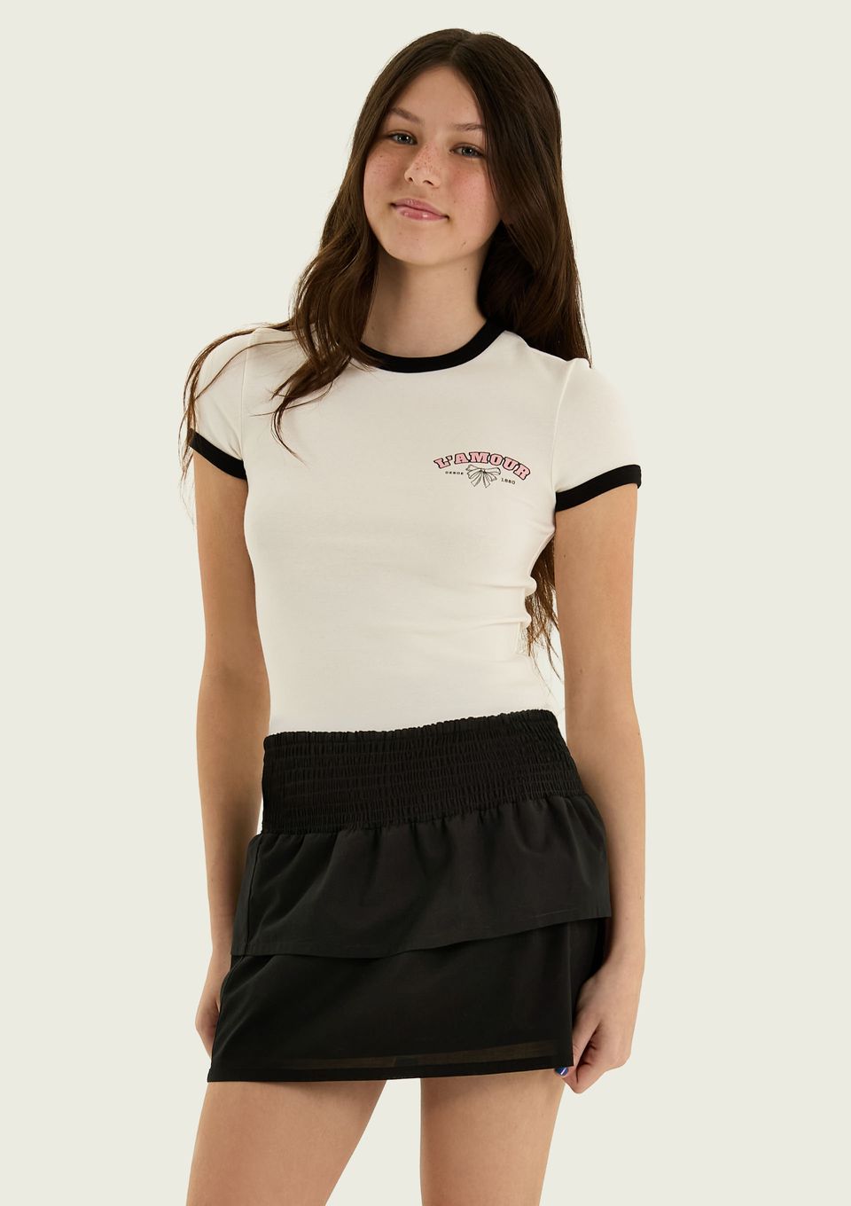 Camiseta Teen com Estampa e Friso Contrastante - Off White