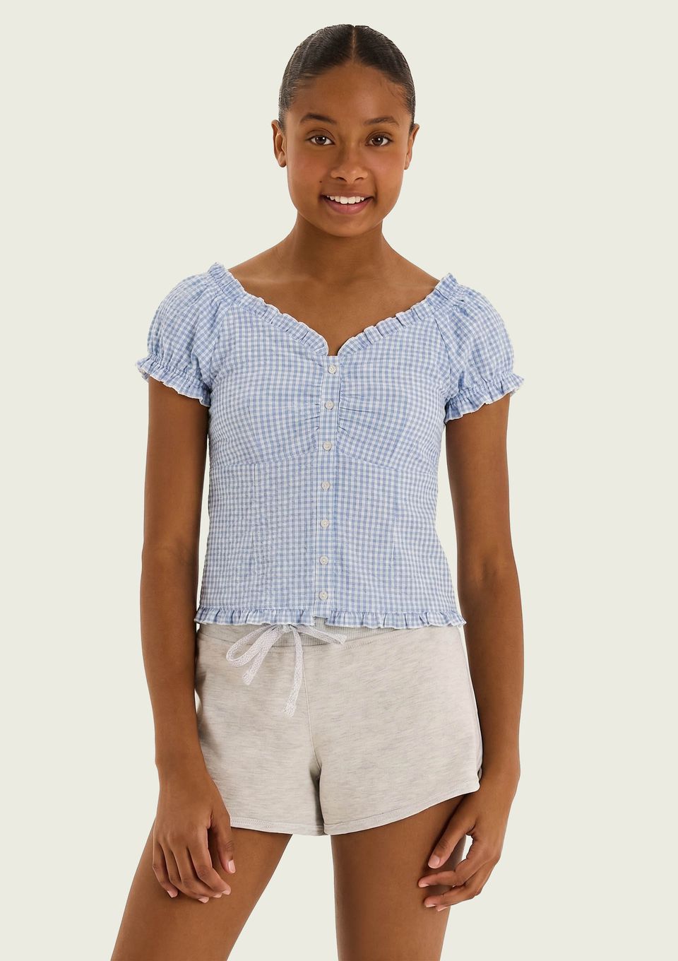 Blusa Teen Ombro A Ombro em Anarruga Xadrez - Azul