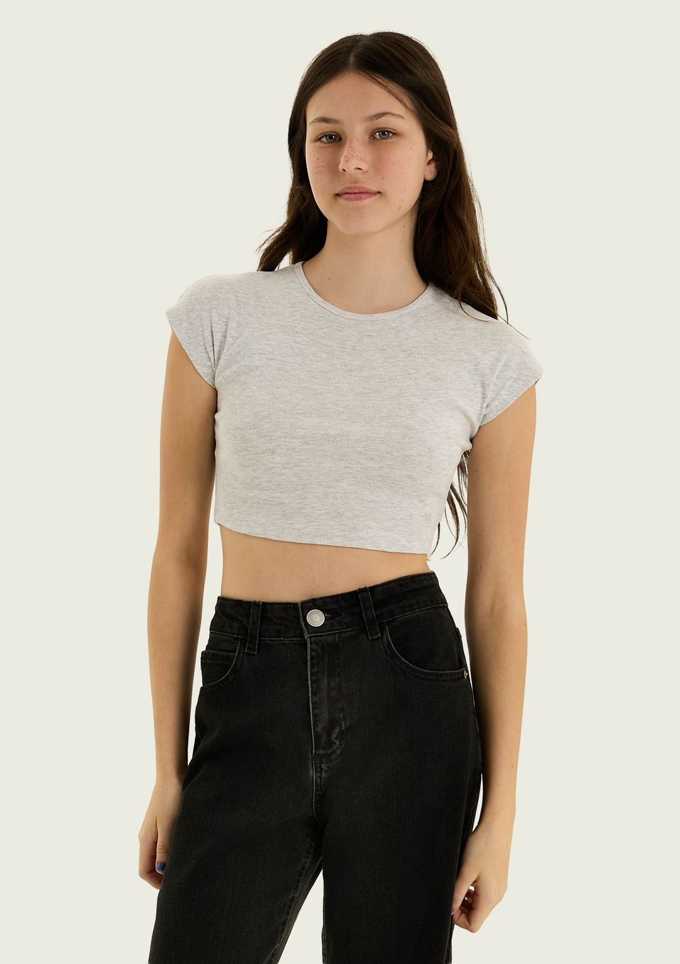 Blusa Teen Cropped Manga Curta - Cinza