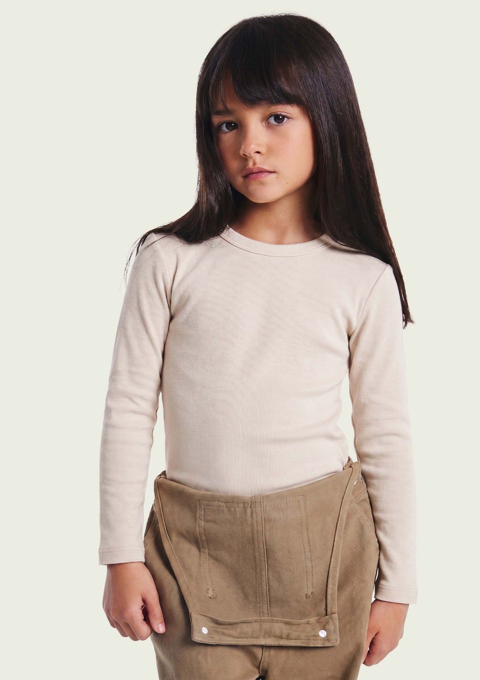 Blusa Infantil Menina Manga Longa em Ribana Canelada - Creme