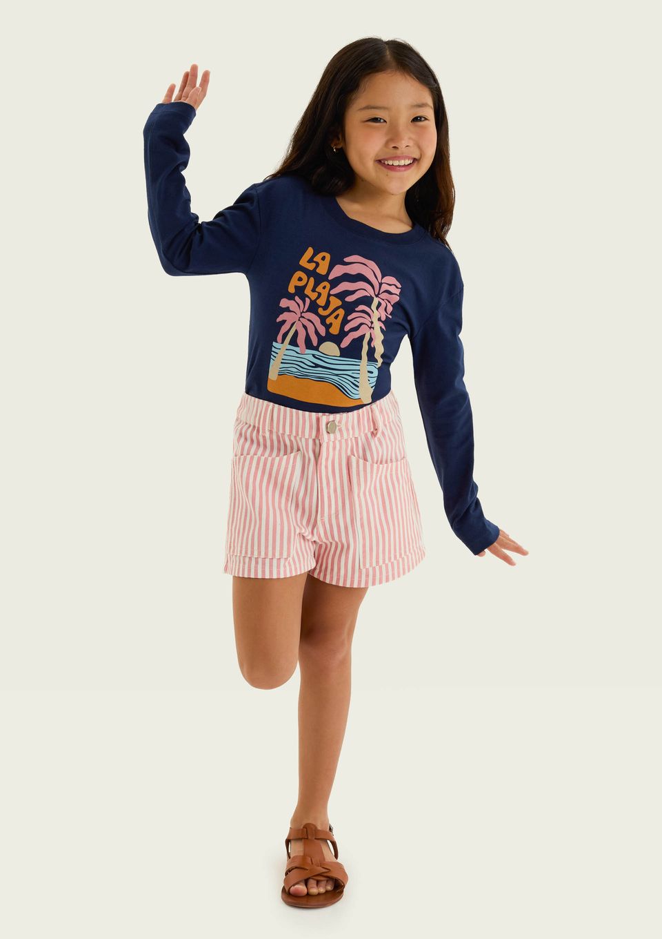 Shorts Infantil Menina Listrado em Sarja - Rosa