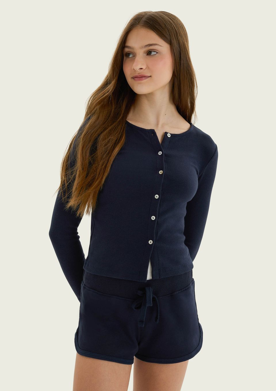 Cardigan Teen em Ribana com Botões - Azul