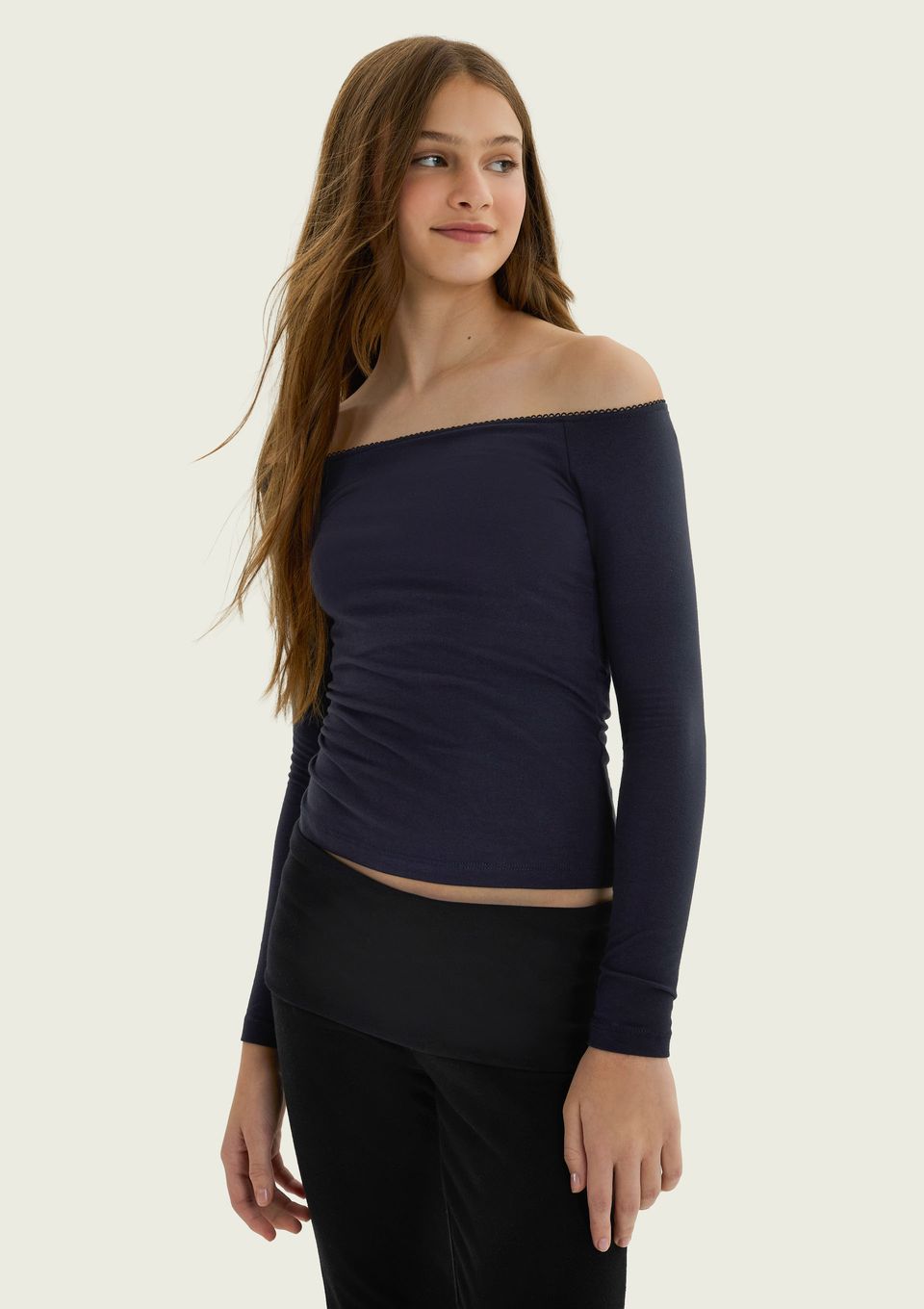 Blusa Teen Manga Longa Ombro A Ombro - Azul