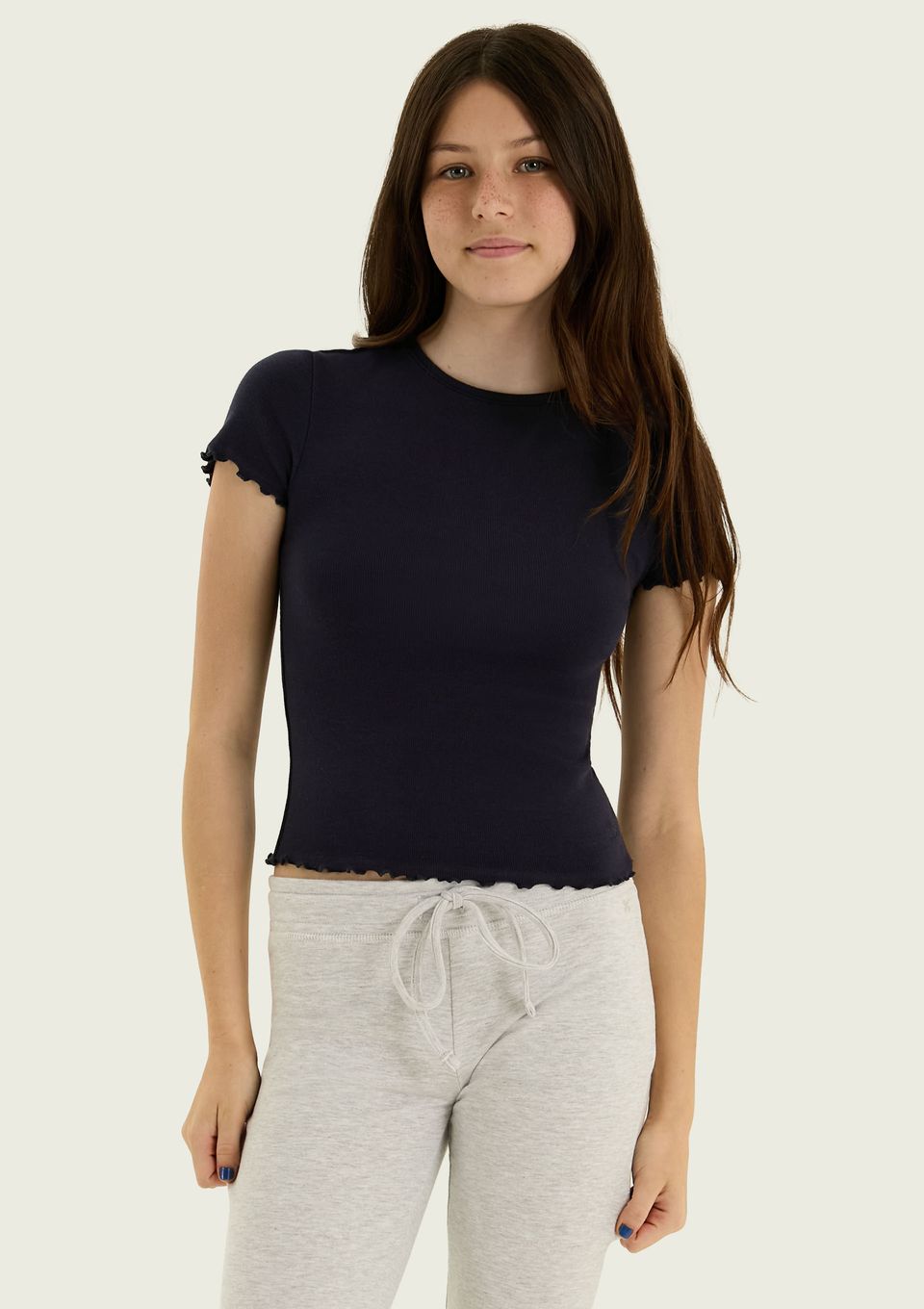 Blusa Teen Manga Curta com Fru Fru - Azul