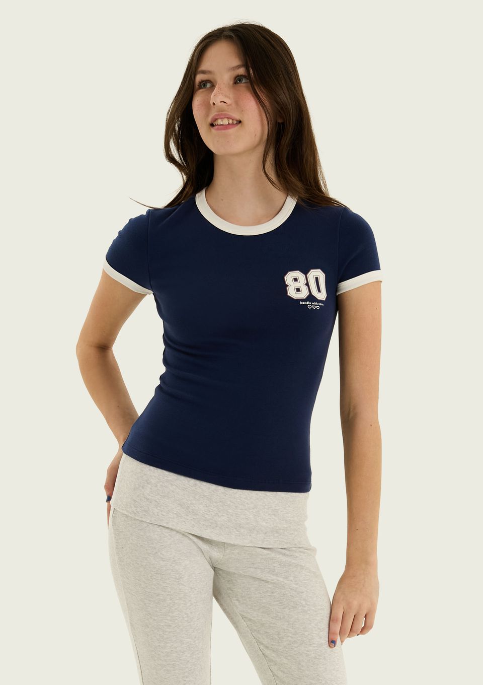 Camiseta Teen com Estampa e Friso Contrastante - Azul
