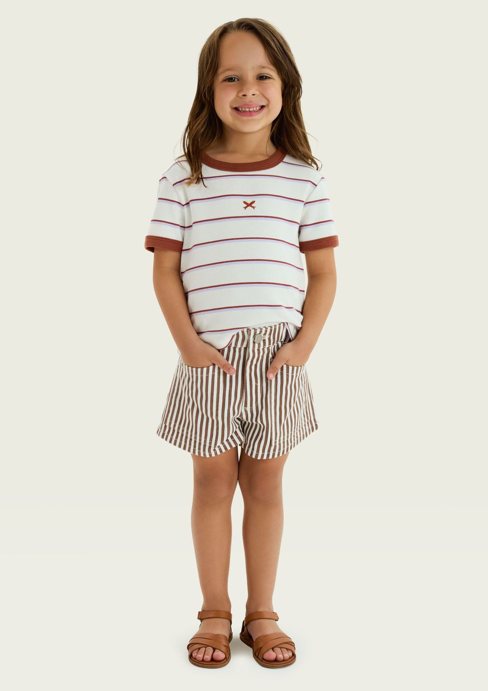 Shorts Infantil Menina Listrado em Sarja - Marrom